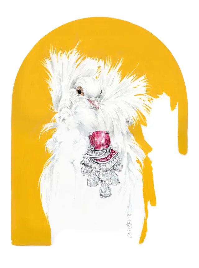 White feathered bird wearing a ruby necklace by Antonio Soares