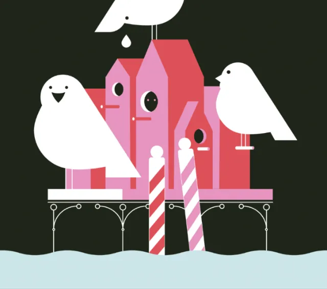 White birds near pink birdhouses on a pier illustration by Tobias Wandres