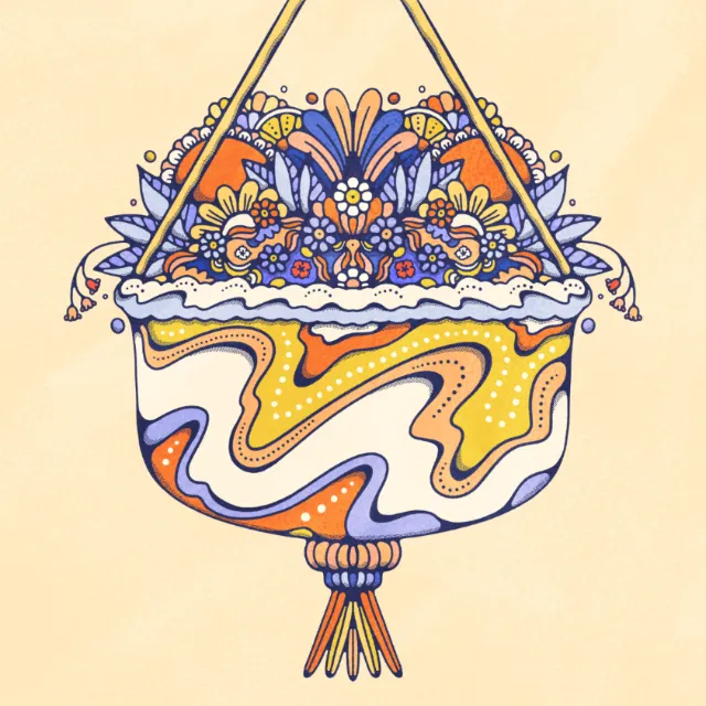 Decorative hanging basket with multicolored flowers