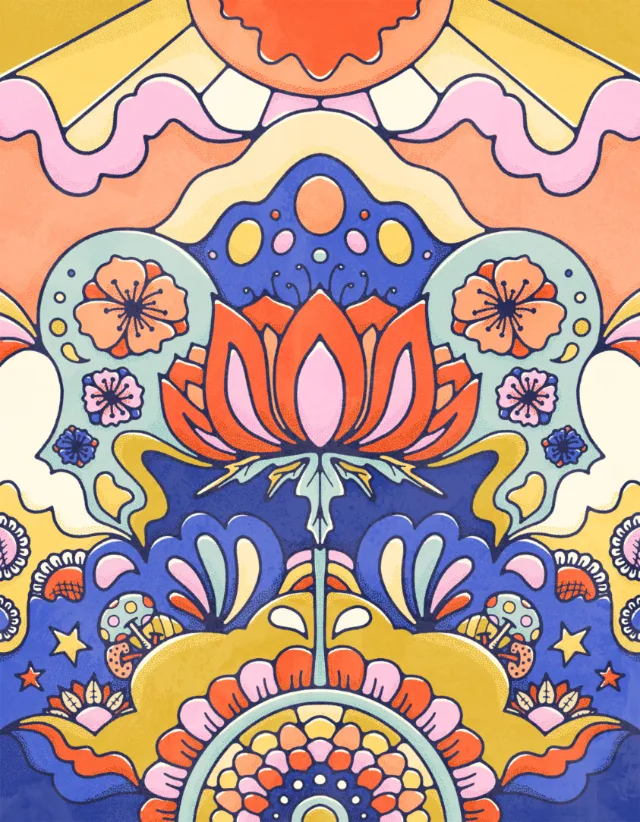 Red and Pink flower reaching for the sun amongst a scene of bold colour floral blooms and fluid shap