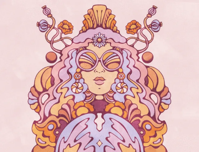 Retro female portrait in sunglasses, flowers through her hair looking into giant crystal ball.