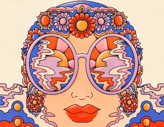 Bold retro female in sunglasses and floral bathing cap, submerged in a sea of psychedelia