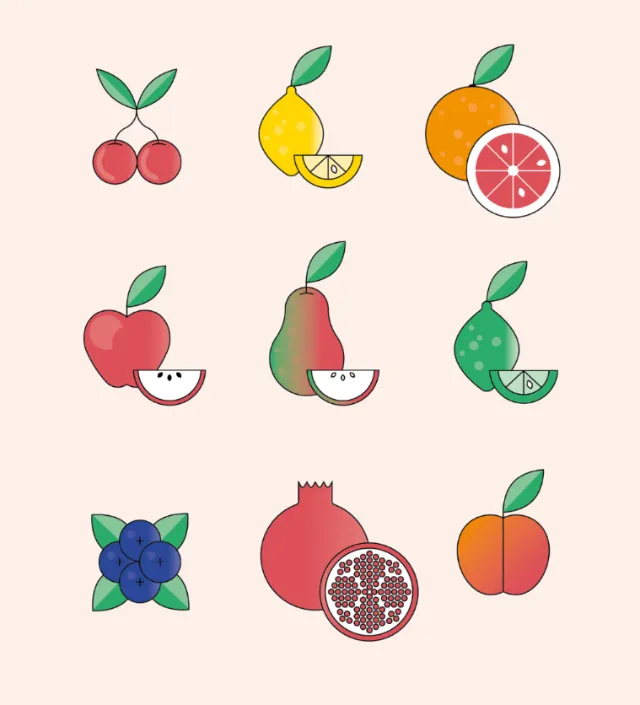 Colorful fruit illustrations including apple, pear, lemon, orange, and pomegranate by Tobias Wandres