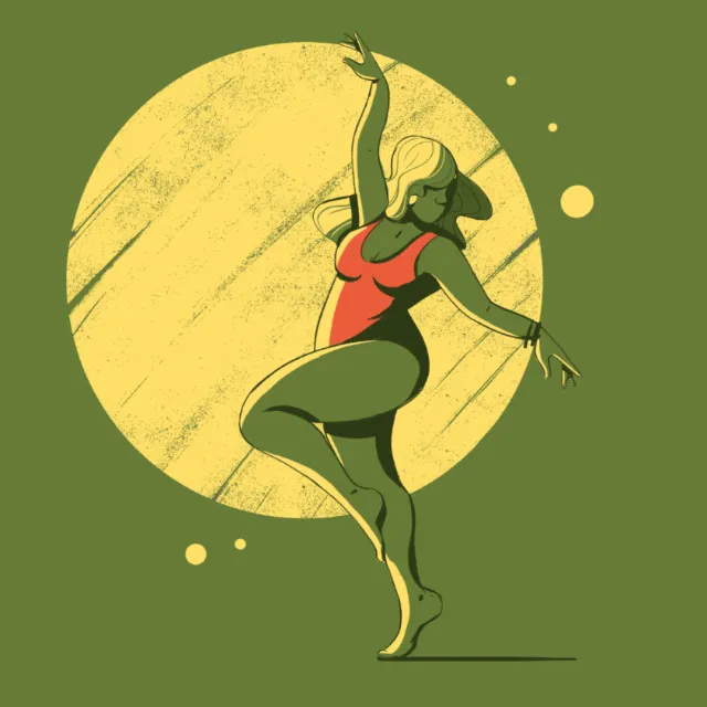 Stylized woman dancing in red bodysuit by Andressa Meissner