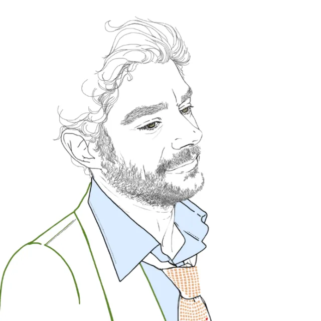 Line drawing of a bearded man in shirt and tie by Montana Forbes