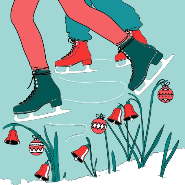 Ice skaters gliding over decorated ice with bells and baubles by Montana Forbes