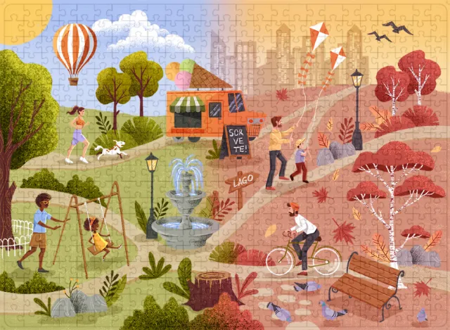 Illustration of summer and fall seasons showing park and cityscape by Camila Gray