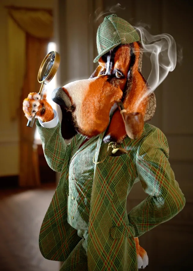 Dog detective holding magnifying glass with smoking pipe by Carsten Mell