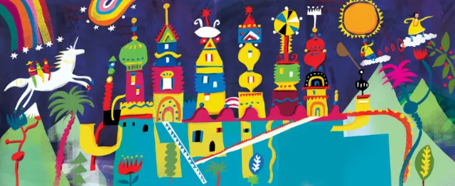 Fantasy castle with animals and bright decorations by Lee Hodges