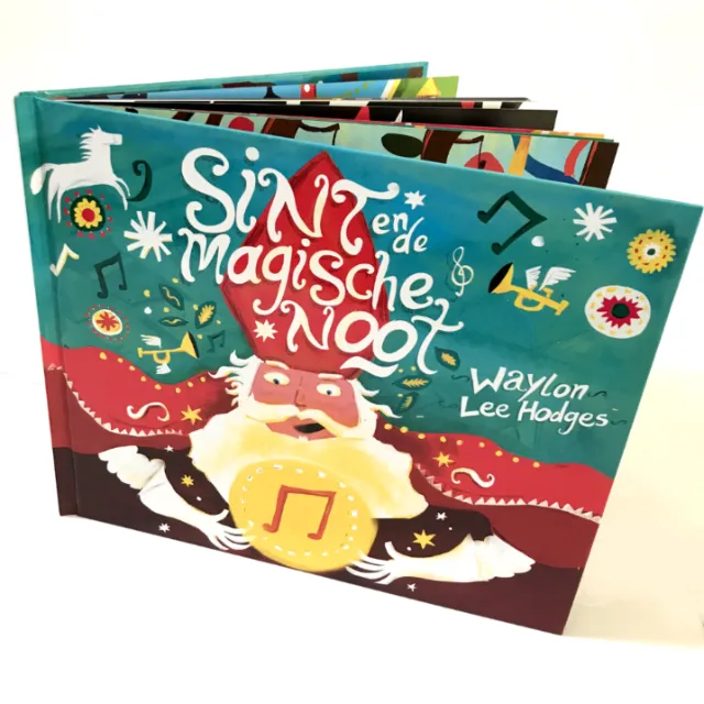 Sinterklaas book cover with colorful music notes by Lee Hodges