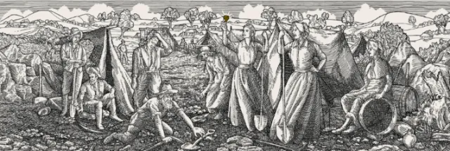 Black and white etching of 19th century gold rush miners and women, detailed scene by Studio Duco