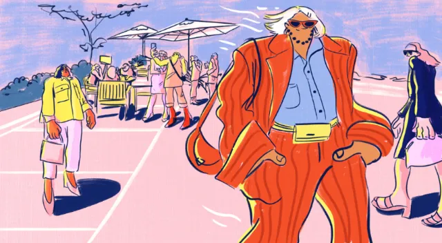 Illustration of fashionable people on a city street by Amber Day