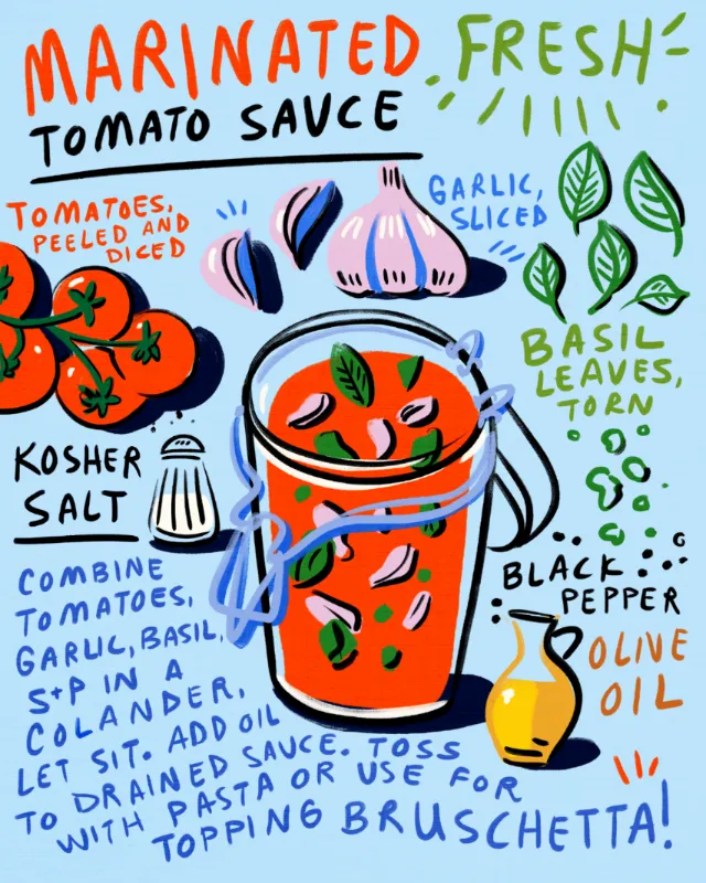 Marinated fresh tomato sauce recipe illustration by Amber Day