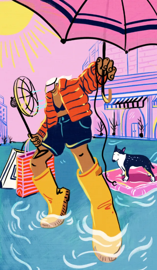 Illustration of a person walking a dog in a flooded street holding an umbrella by Amber Day