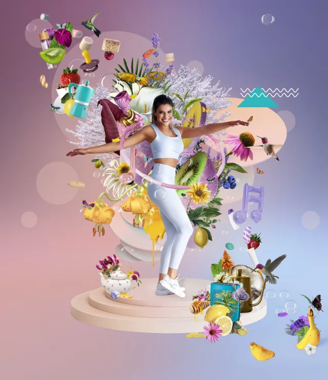 Woman exercising surrounded by colorful objects and plants by Patrick Boyer