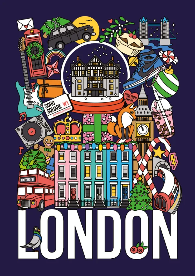 London at Christmas – city scene poster illustration