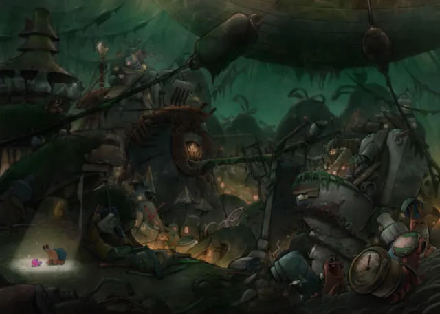 Dark fantasy village with mechanical buildings and glowing lights by Tom Bonson