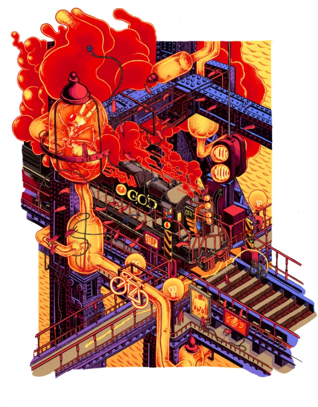 Intricate mechanical train and gears in vibrant red and orange hues by Carles Garcia O'Dowd
