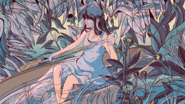 Woman sitting on tree branch in lush tropical garden by Carolina Rodriguez Fuenmayor