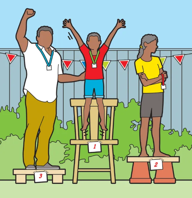 Swimming competition podium with children celebrating wins by Mark Watkinson