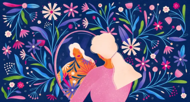 Woman looking into mirror with colorful flowers and leaves surrounding her by Barbara Tamilin