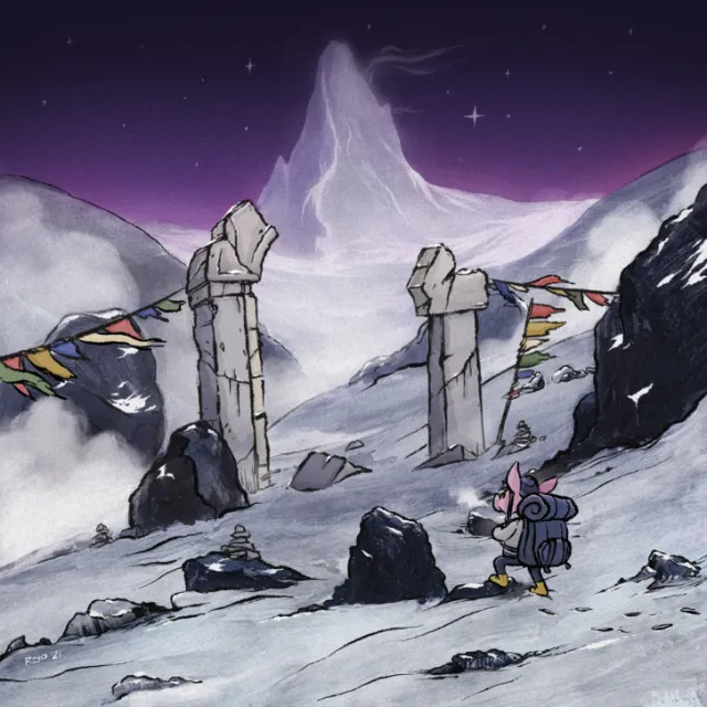 Mountain trek with ancient stone pillars and hiker by Rino Pelli