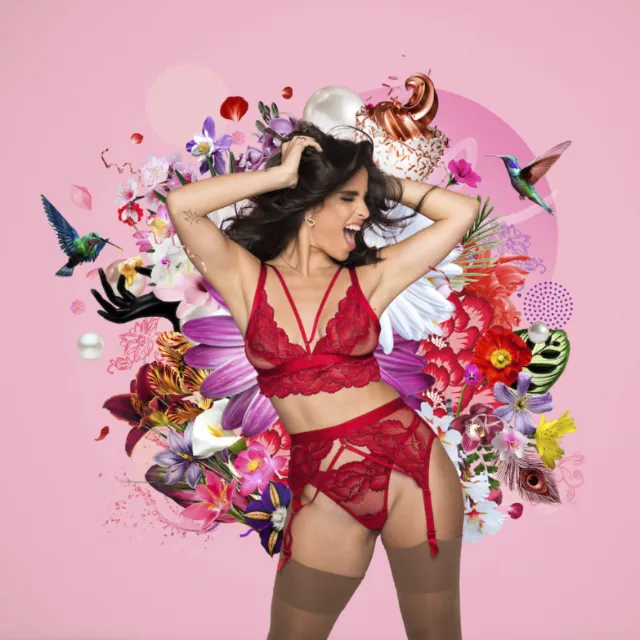 A woman in red lingerie surrounded by colorful flowers and hummingbirds by Patrick Boyer