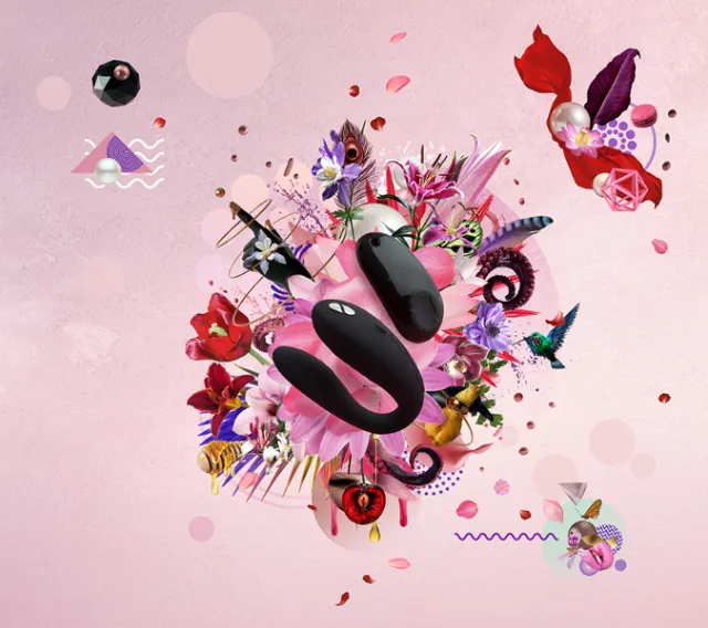 Colorful abstract artwork with flowers and black ribbon by Patrick Boyer