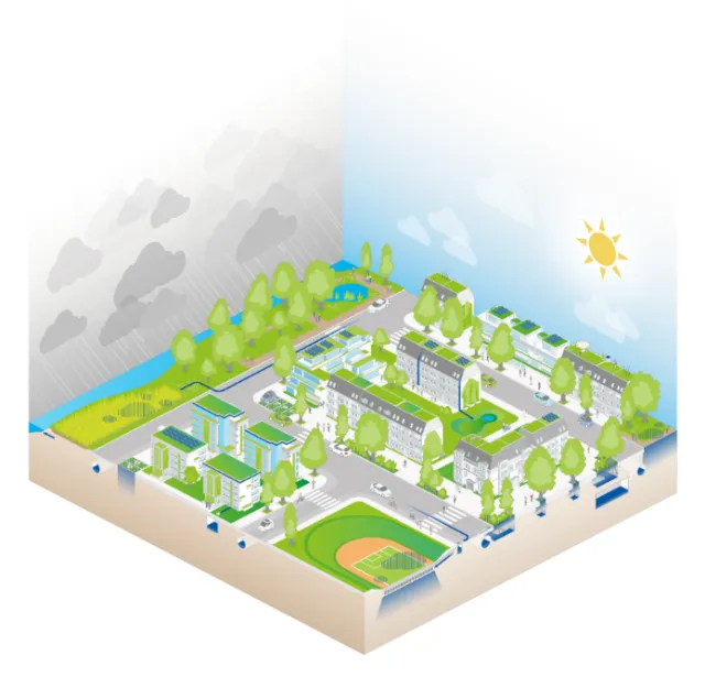 Isometric urban neighborhood under sunny and stormy weather by Tobias Wandres