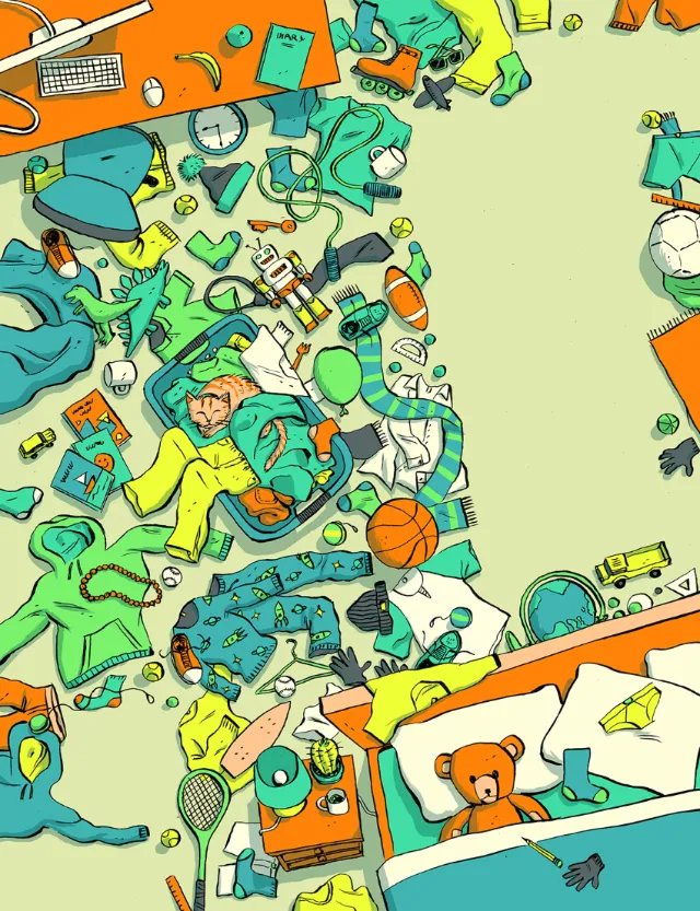 Messy child’s bedroom illustration showing untidiness and playful disorder