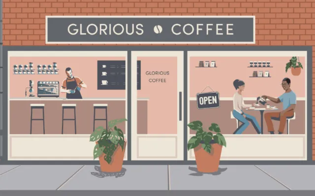 Coffee shop scene with barista and customers inside by Yordanka Poleganova