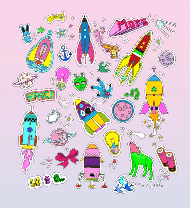 Colorful space-themed stickers including rockets, aliens, planets, by Tobias Wandres