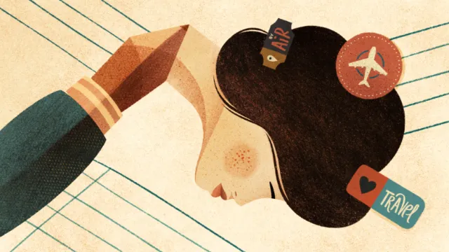 Illustration of woman's head and hand with travel icons by Barbara Tamilin