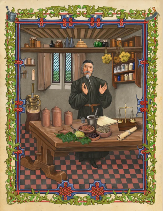 Medieval apothecary in workshop with jars and herbs by Bob Venables