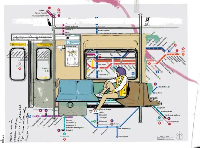 Person reading book on subway bench, metro map background by Davi Augusto