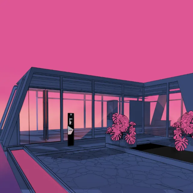 Modern glass house with pink plants and sunset sky by Davi Augusto