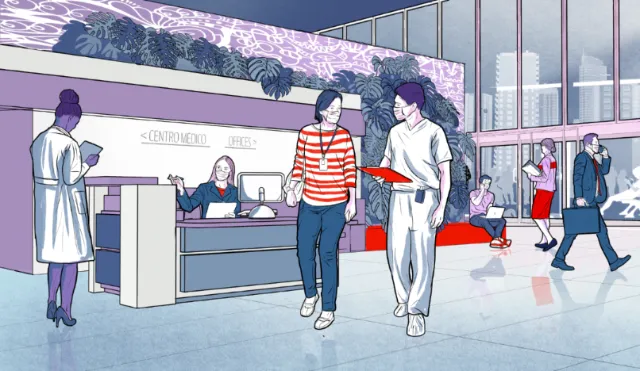 Hospital reception with staff and visitors by Davi Augusto