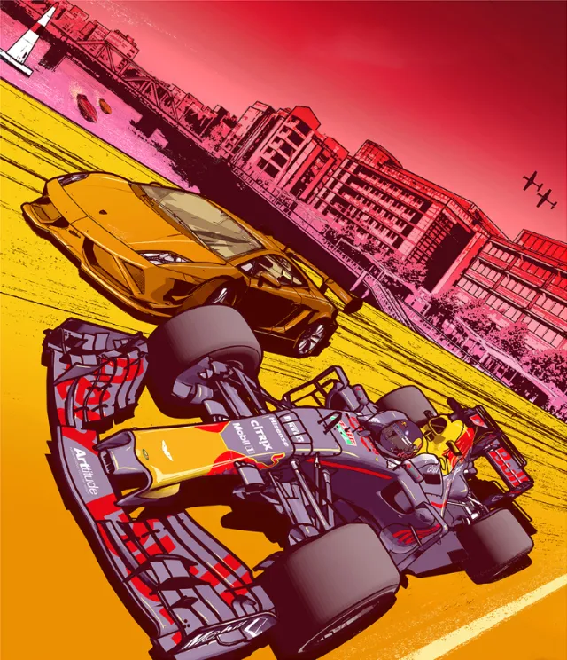 Formula 1 racing car and yellow sports car on the road by Davi Augusto