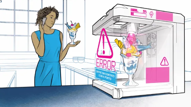 Woman holding dessert next to 3D printer showing error, by Davi Augusto