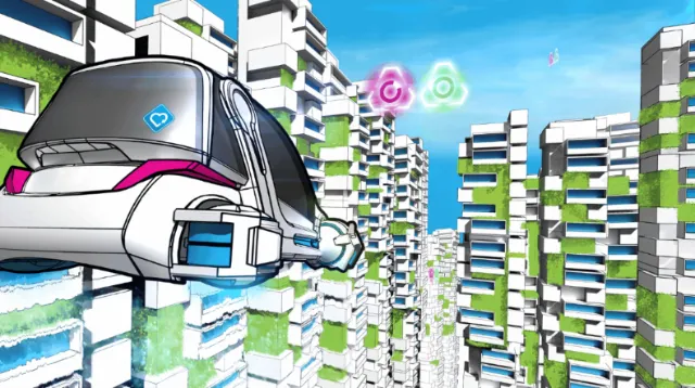 Futuristic cityscape with a hovering train by Davi Augusto