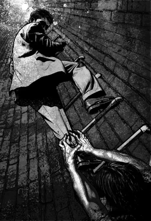 Man climbing ladder inside brick shaft with hands reaching up, artwork by Davi Augusto