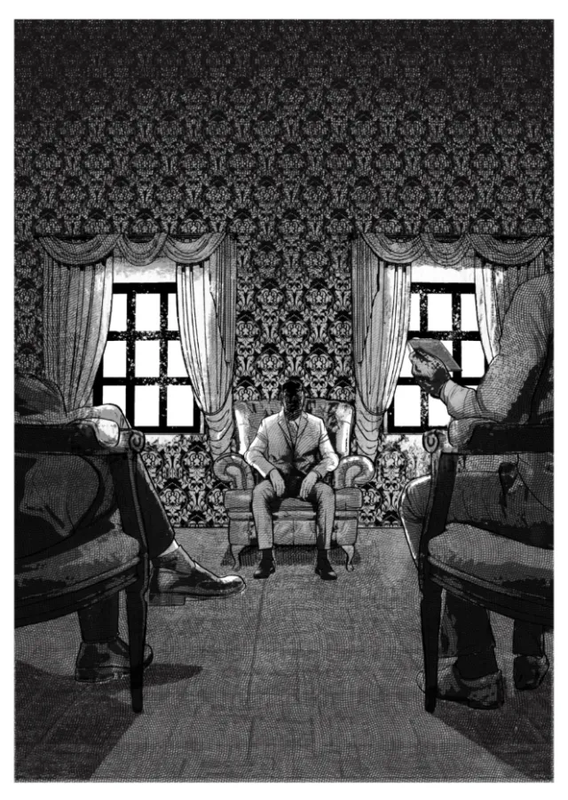 Black and white drawing of three men in decorated room by Davi Augusto