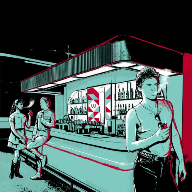 Bar scene with two women and a man smoking, artwork by Davi Augusto