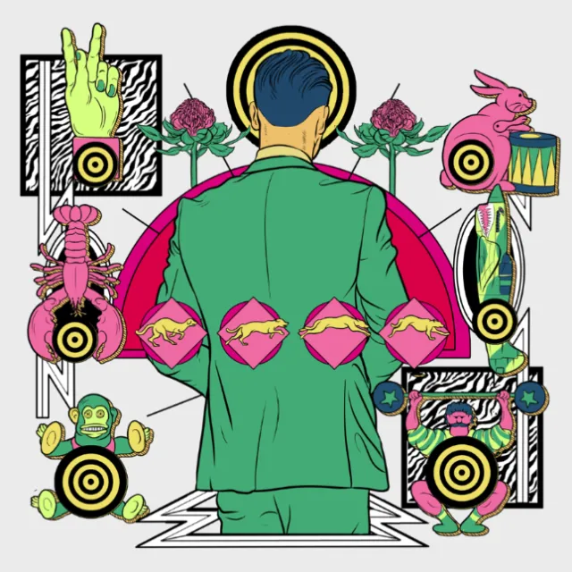 Surreal illustration of a man with animals and geometric shapes by Davi Augusto
