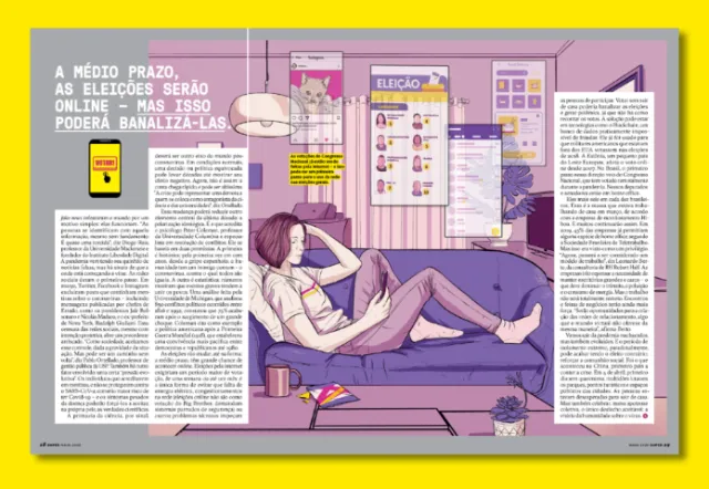 Person reclining on couch looking at online election results, illustrated by Davi Augusto