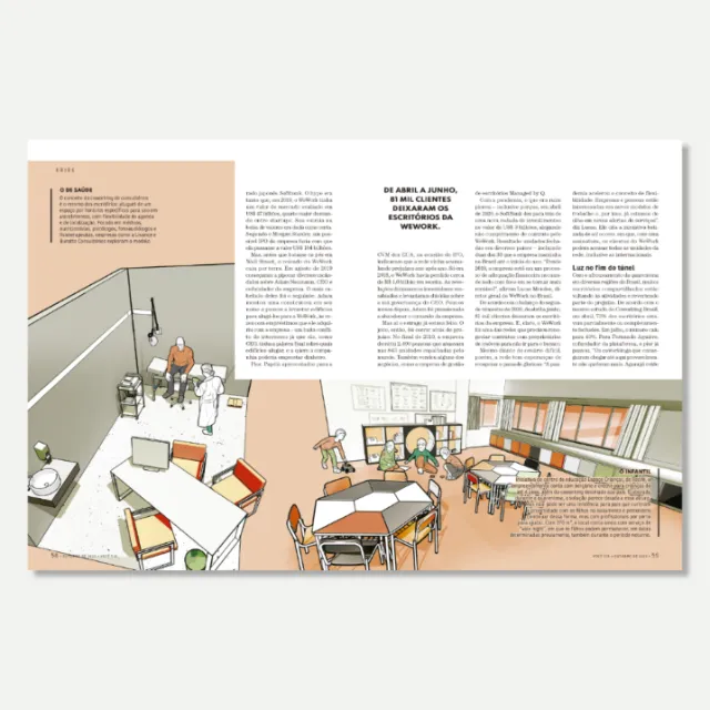 Illustration of a modern classroom interior with students and desks by Davi Augusto