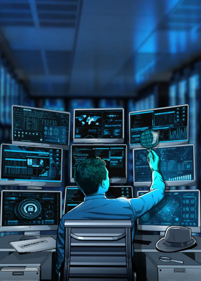 Cybersecurity analyst examining data on multiple screens with magnifying glass by Davi Augusto