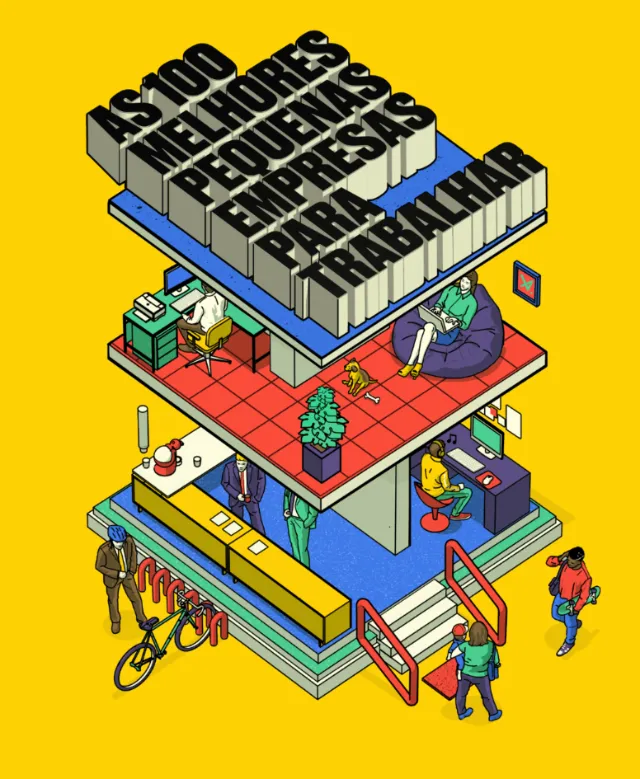 Isometric office building with workers and Portuguese text by Davi Augusto