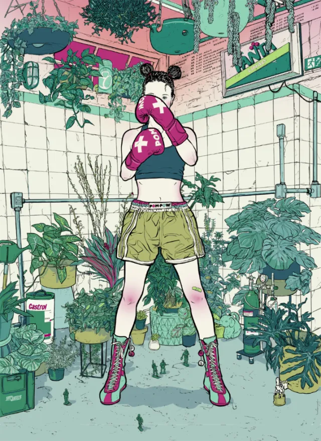 Young woman with boxing gloves in a vibrant urban garden by Davi Augusto