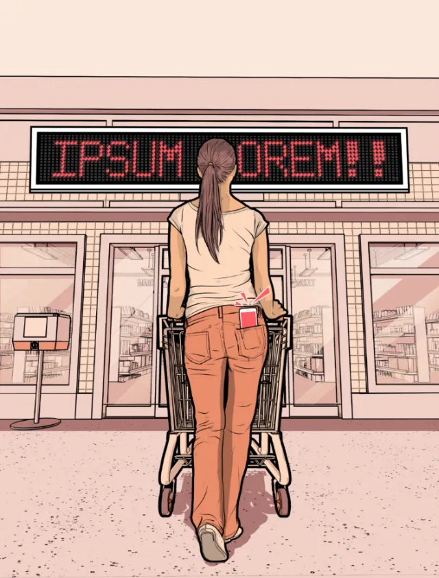 Woman pushing shopping cart toward store entrance with digital sign above by Davi Augusto